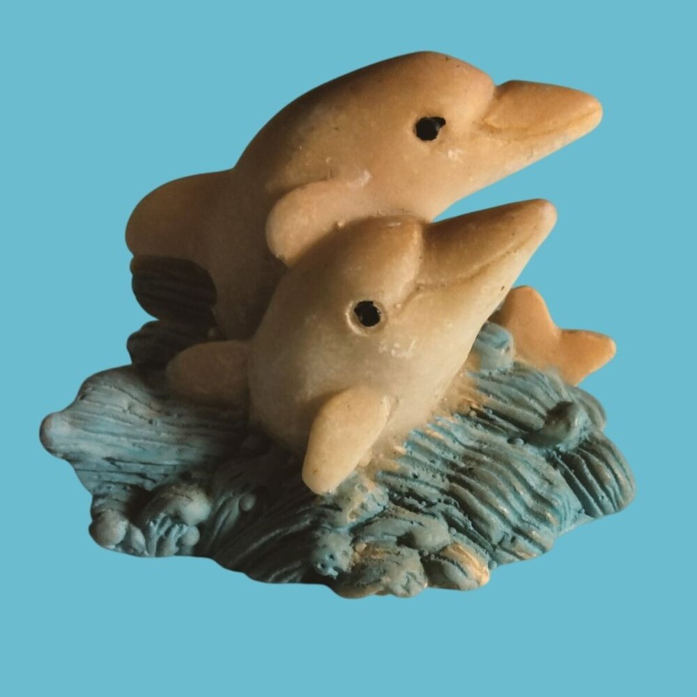 Dolphin Pair Figurine Leaping Couple Ocean Blue Waves Coastal Tropical